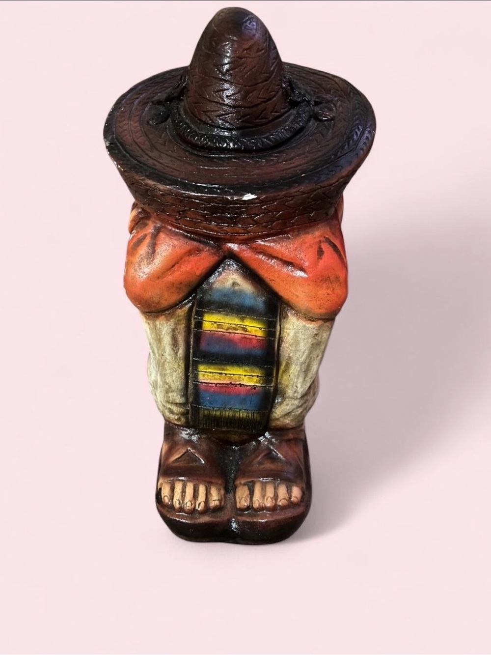 Hand-Painted Ceramic Figurine with Brown Hat and Multicolor Poncho - Home Art